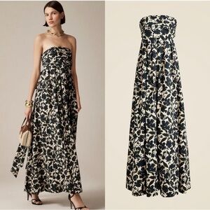 J. Crew Strapless Black and Cream Floral Maxi Dress